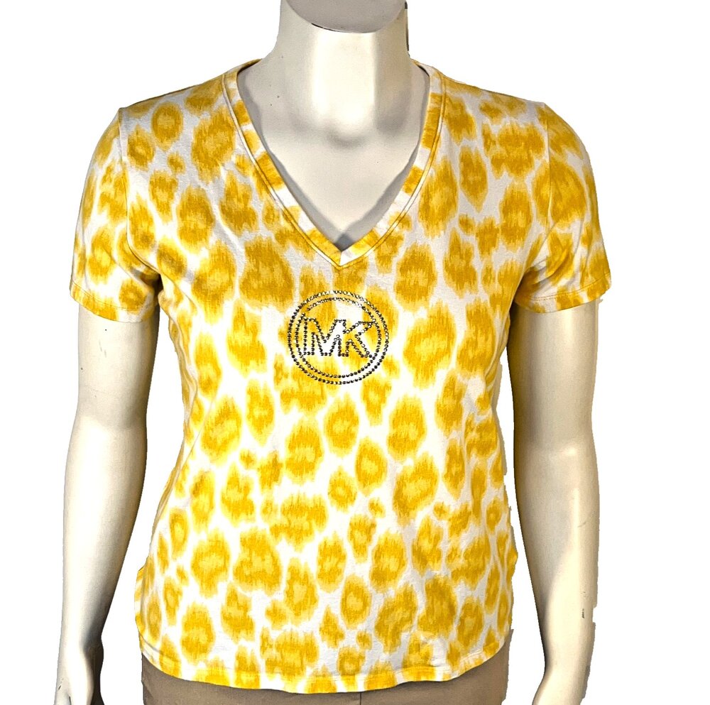 Michael Kors Tee Shirt Womens XL Yellow Abstract Silver Beaded Logo Top